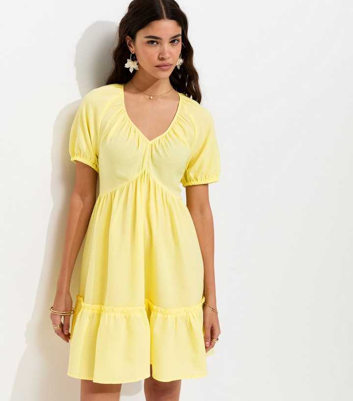 Light Yellow Textured Tiered Mini Smock Dress