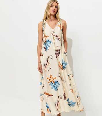 Tall Cream Shell Print Beaded Smock Maxi Dress