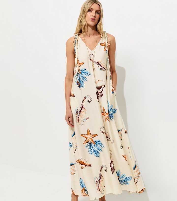 Tall Cream Shell Print Beaded Smock Maxi Dress