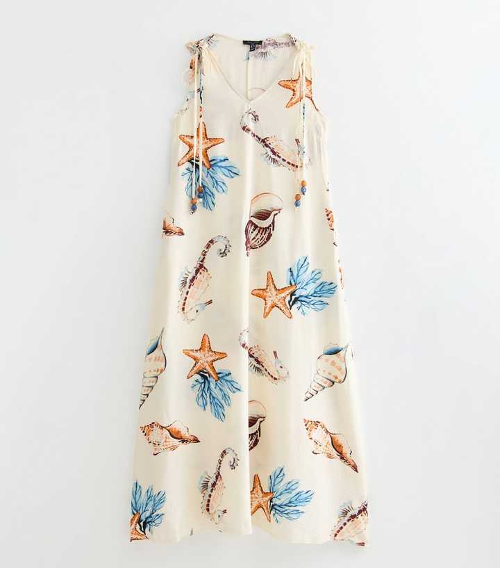 Tall Cream Shell Print Beaded Smock Maxi Dress