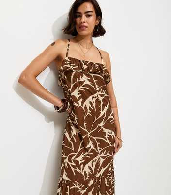 Brown Leaf Pattern Strappy Ruffle Midi Dress