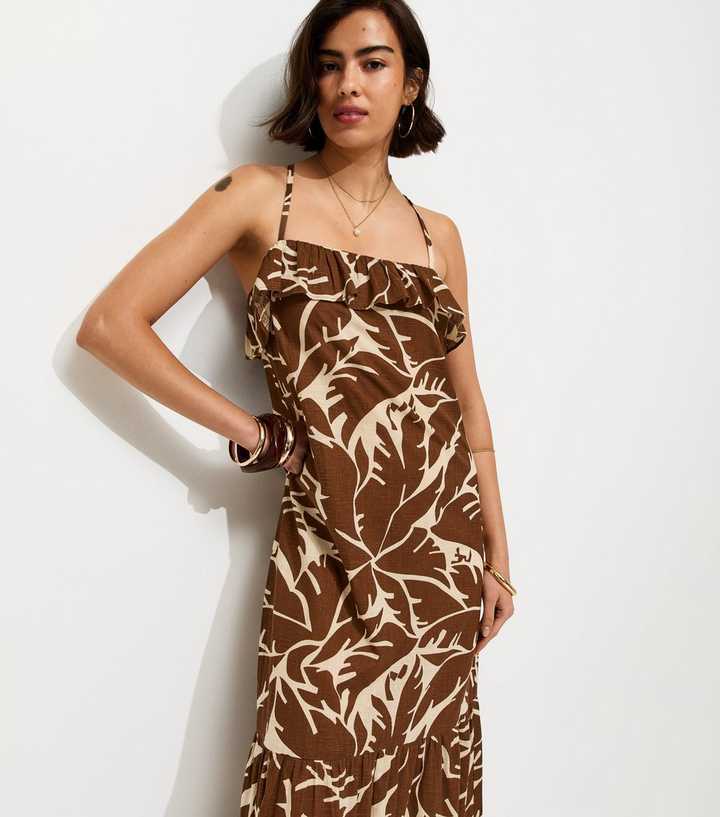 Brown Leaf Pattern Strappy Ruffle Midi Dress