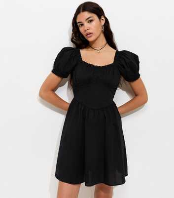 Black Cotton Lace Trim Corset Waist Milkmaid Mini Dress