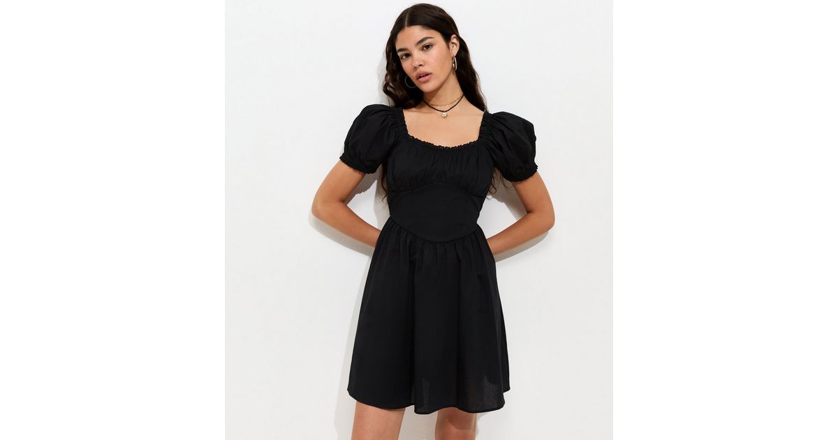 Black Cotton Lace Trim Corset Waist Milkmaid Mini Dress