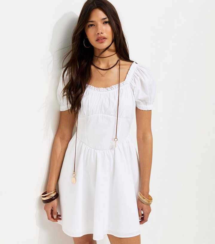 White Cotton Lace Trim Corset Waist Milkmaid Mini Dress