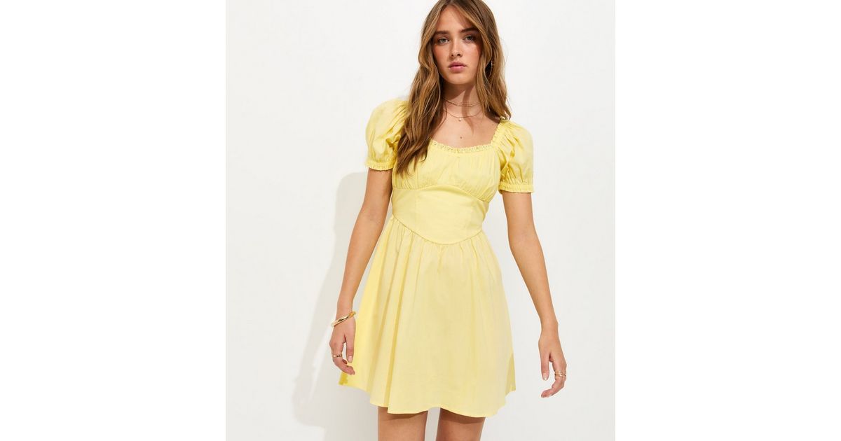 Light Yellow Cotton Lace Trim Corset Waist Milkmaid Mini Dress