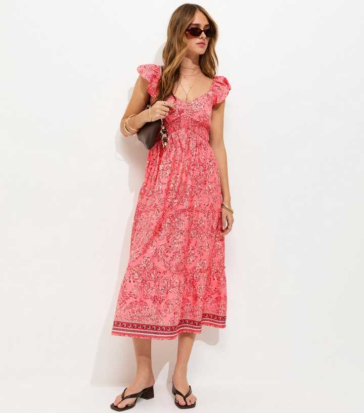 Pink Floral Print Crepe Frilly Sleeve Midi Dress