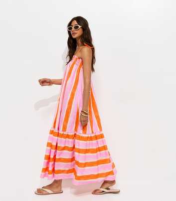 Orange Cotton Striped Tie Strap Midi Dress