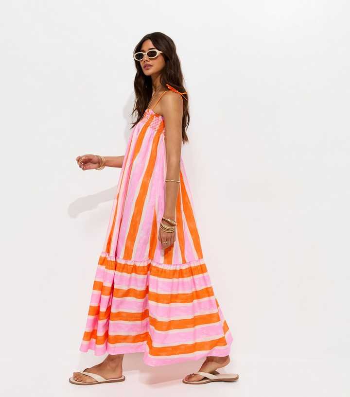 Orange Cotton Striped Tie Strap Midi Dress