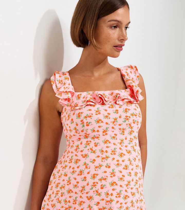 Maternity Pink Ditsy Floral Ruffled Neck Midi Dress