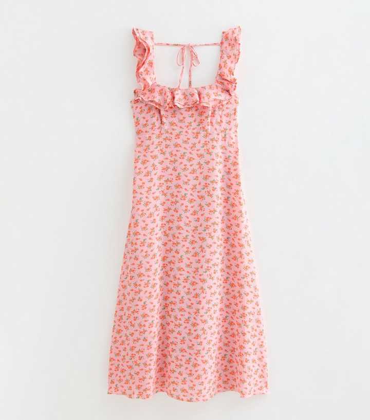 Maternity Pink Ditsy Floral Ruffled Neck Midi Dress