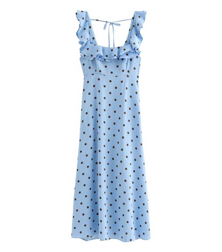 Blue Polka Dot Ruffle Trim Midi Dress | New Look