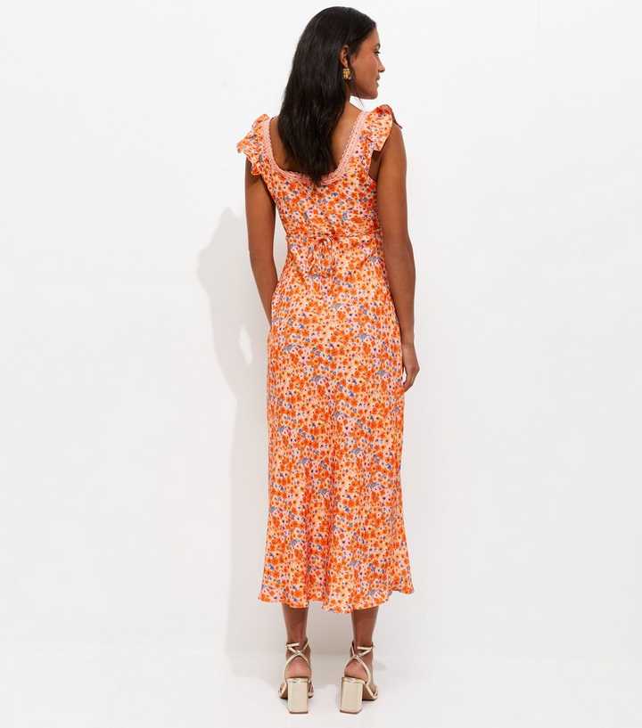 Maternity Orange Floral Lace Trim Frill Sleeves Midi Dress | New Look Maternity Orange Floral Lace Trim Frill Sleeves Midi Dress | New Look