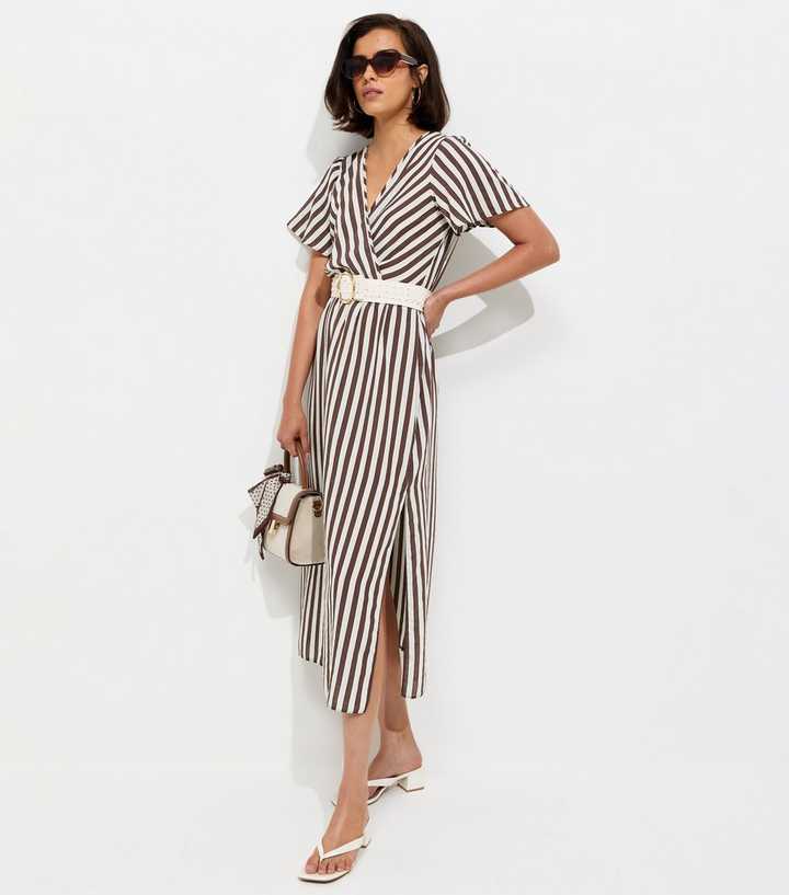 Brown Striped Wrap Midi Dress