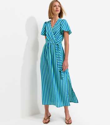 Blue Striped Wrap Midi Dress