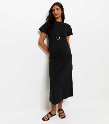 Maternity Black Ruched T-Shirt Midi Dress