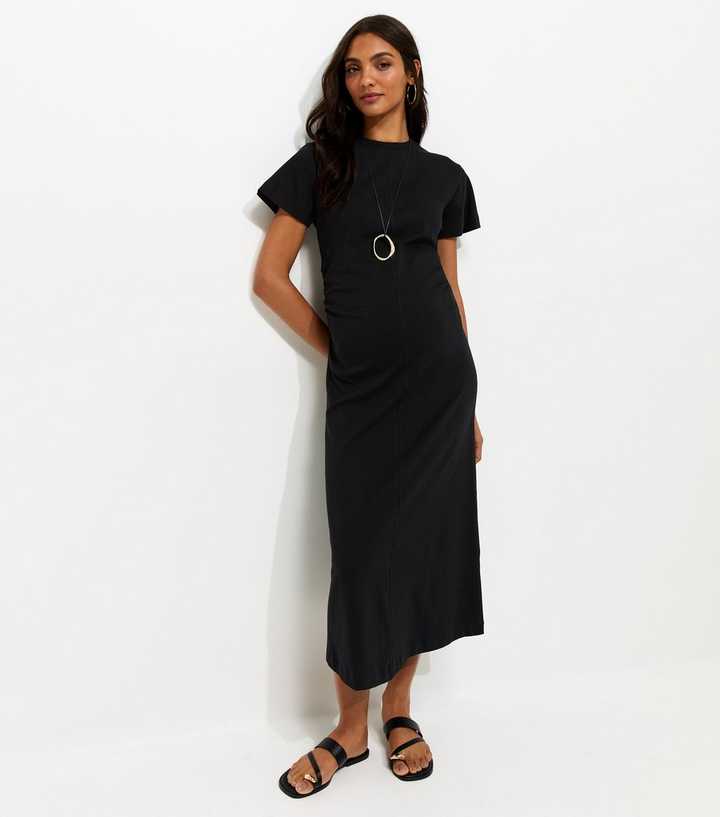 Maternity Black Ruched T-Shirt Midi Dress