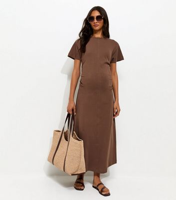 princess polly baby blue dress Wednesday's Girl Maternity puff sleeve tiered midi dress in plum brown