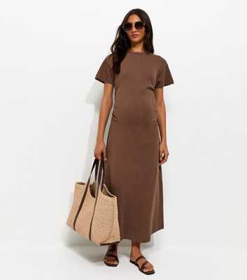 Maternity Dark Brown Ruched T-Shirt Midi Dress