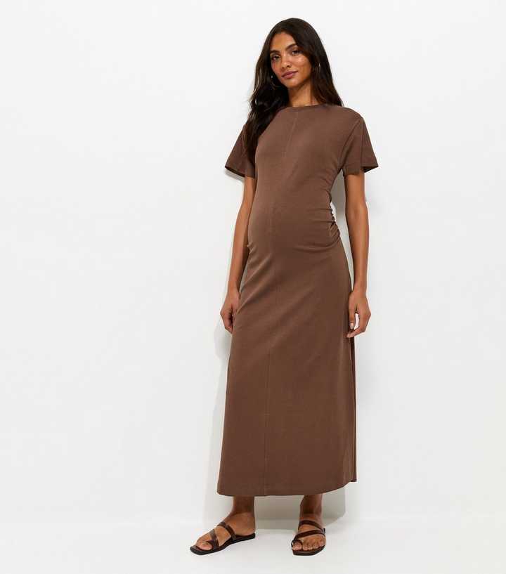 dark brown maternity dress Brown Shimmer Mesh Long Sleeve Ruched Maternity Midi Dress