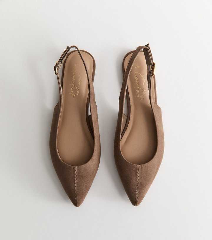 Brown Faux Suede Pointed Slingback Flats
