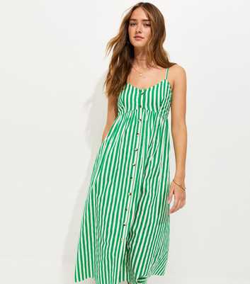 Green Striped Button Front V-Neck Cami Midi Dress