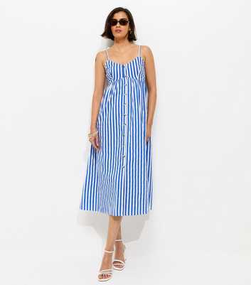 Blue Striped Button Front V-Neck Cami Midi Dress