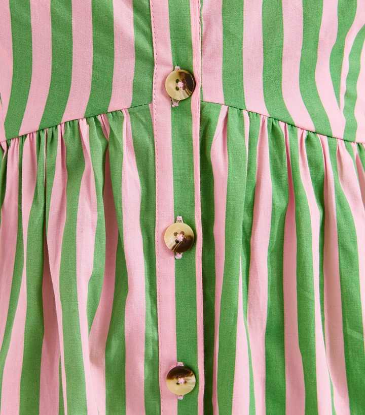 Green Striped Button Front V-Neck Cami Midi Dress | New Look