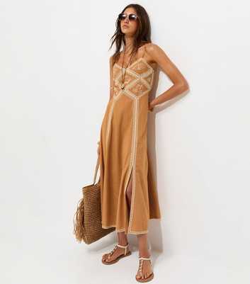Dark Yellow Shell Embroidered Strappy Midi Dress