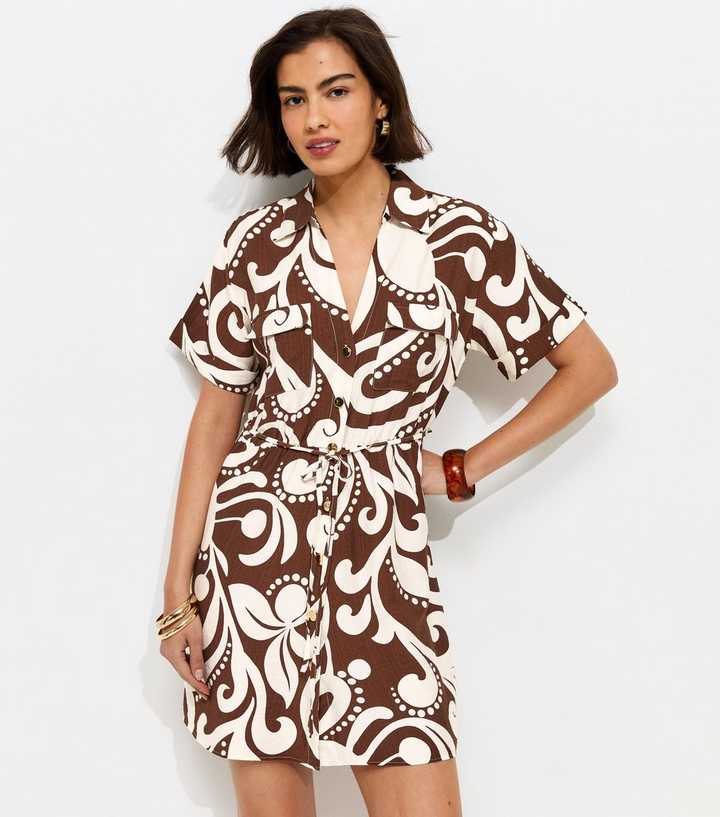Brown Abstract Print Short Sleeve Shirt Dress