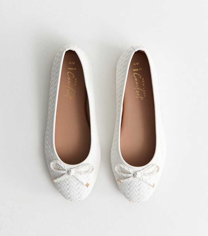 Wide Fit White Faux Leather Woven Ballet Pumps