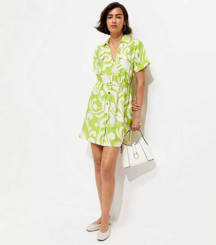 Green Abstract Print Short Sleeve Mini Shirt Dress