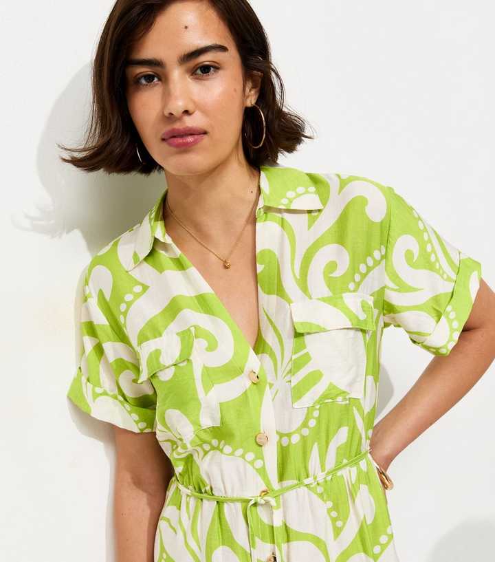 Green Abstract Print Short Sleeve Mini Shirt Dress | New Look