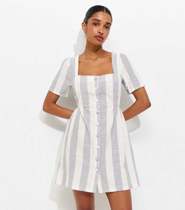 Blue Sailor Stripe Square Neck Button Up Mini Dress