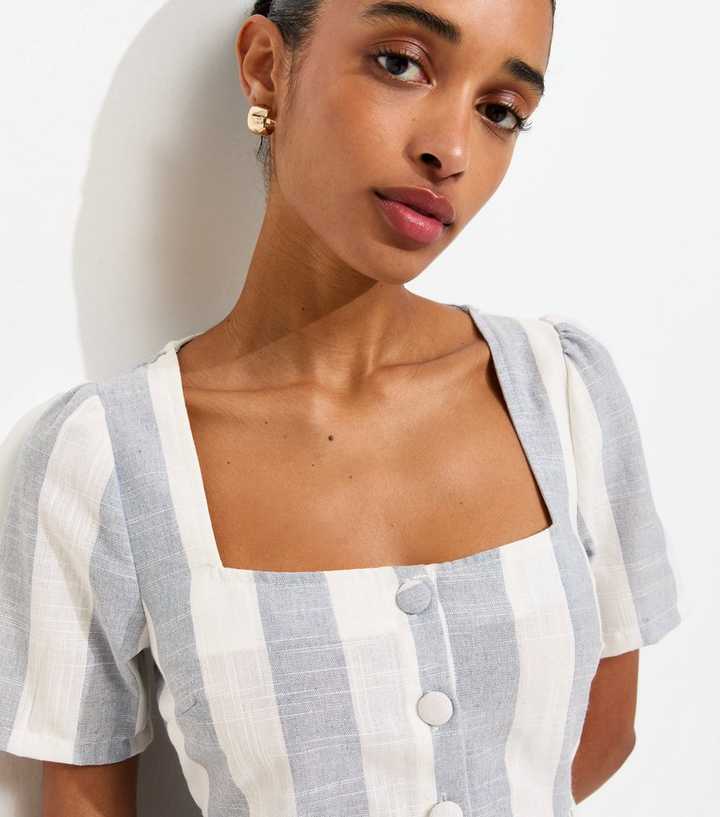 Blue Sailor Stripe Square Neck Button Up Mini Dress Blue Sailor Stripe Square Neck Button Up Mini Dress