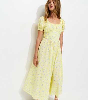 Yellow Cotton Floral Milkmaid Midi Dress