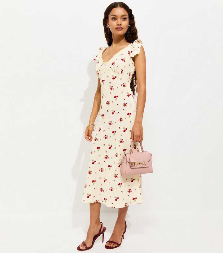 Petite Cream Rose Print Lace Trim Midi Tea Dress
