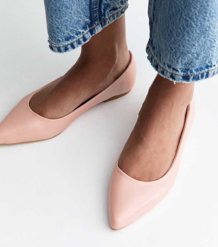 Light Pink Patent Faux Leather Pointed Ballet Pumps