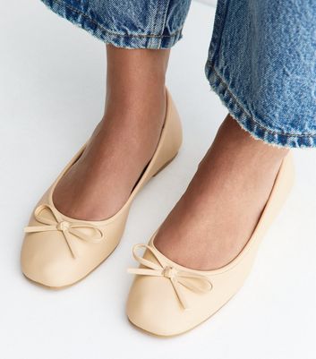 Faux Leather Light Yellow Square Toe Ballet Pumps