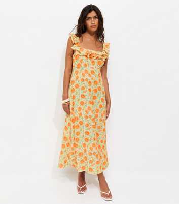 Bright Orange Floral Scoop Neck Ruffle Midi Dress
