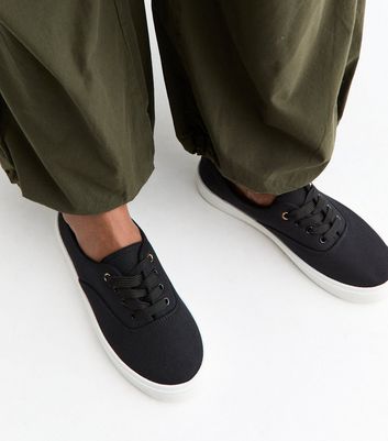 Black Cotton Canvas Flat Lace Up Trainers