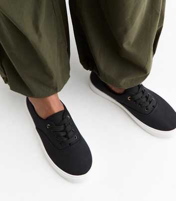 Black Cotton Canvas Flat Lace Up Trainers