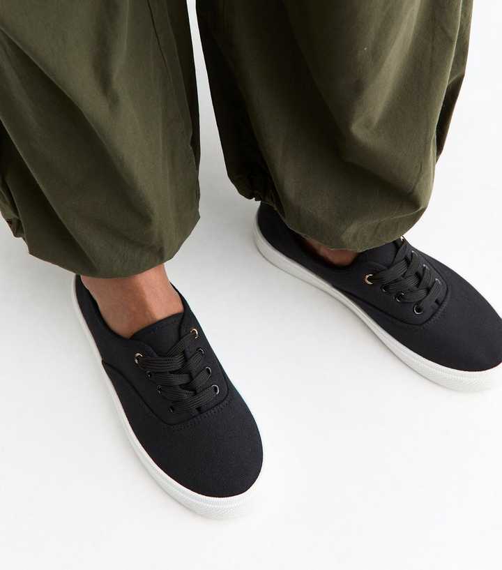 Black Cotton Canvas Flat Lace Up Trainers