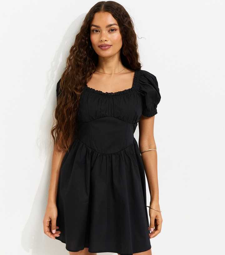 Petite Black Lace Trim Milkmaid Corset Waist Mini Dress