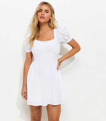 Petite White Lace Trim Milkmaid Corset Waist Mini Dress