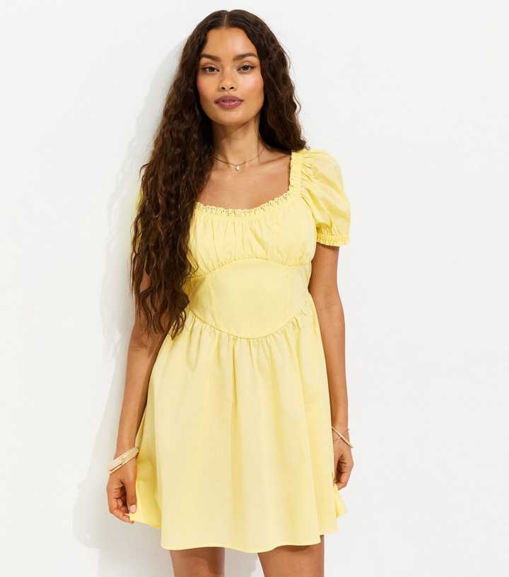 Petite Yellow Lace Trim Milkmaid Corset Waist Mini Dress