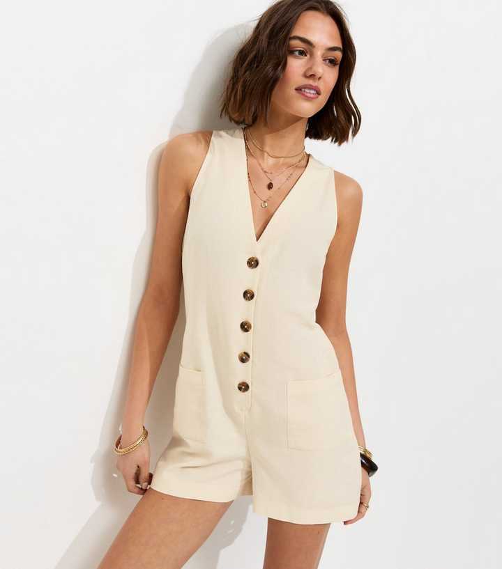 Cream Sleeveless Button Through Playsuit
