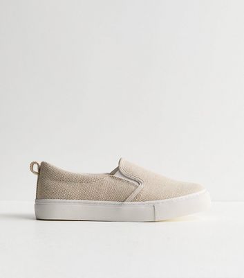 Off White Linen Look Canvas Slip On Trainers