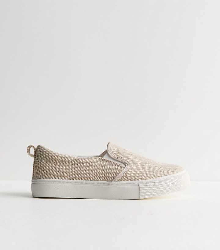 Off White Linen Look Canvas Slip On Trainers