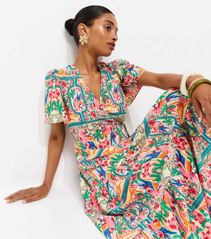 Multicoloured Parrot Print Crepe Wrap Midi Dress